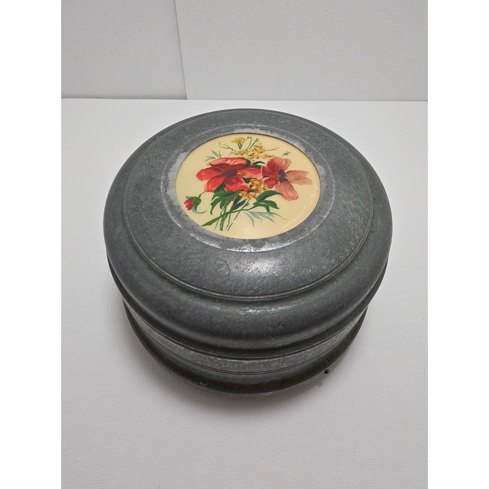 Vintage Floral Metal Powder Music Box Wind Up Trinket Jar Grey Red Flower